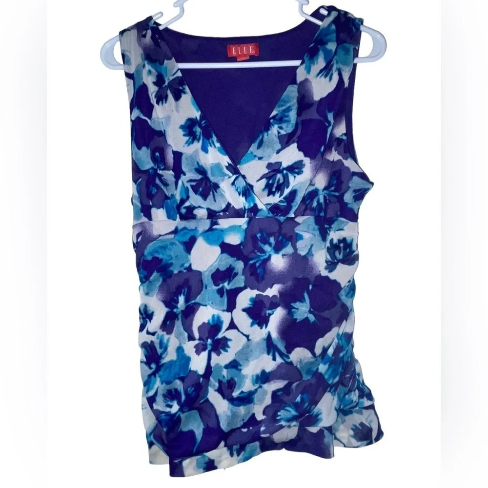 Elle Cinched Floral Top Size Large Sleeveless Office Business Blouse Blue White